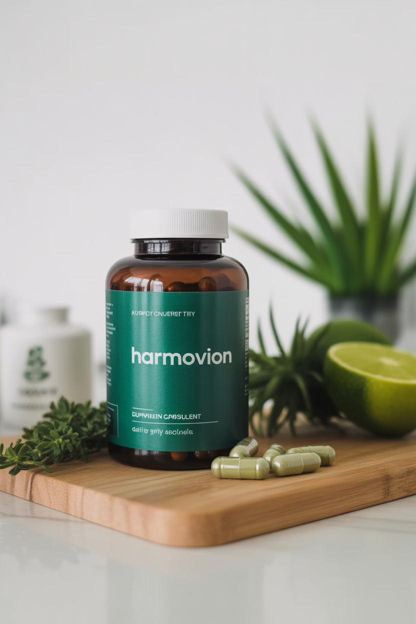 Harmovion supplement bottle and capsules for daily energy and activity